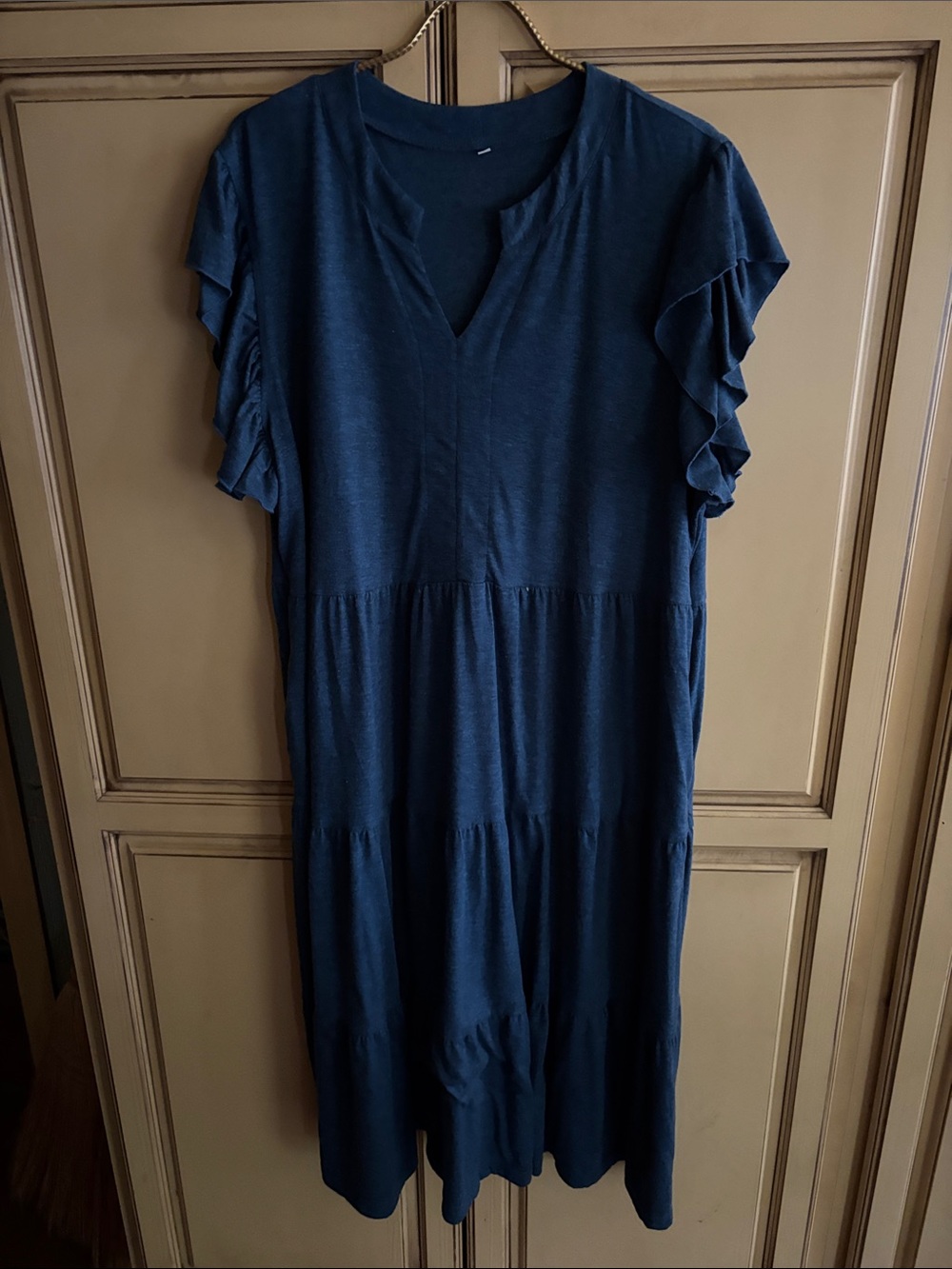 Women's Navy Ruffle Sleeve Tiered Dress